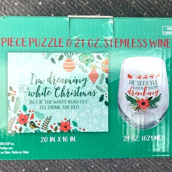 New! CHRISTMAS Life's A Puzzle, Wine Helps - Stemless Wine Glass & Puzzle Set - Picture 2 of 8